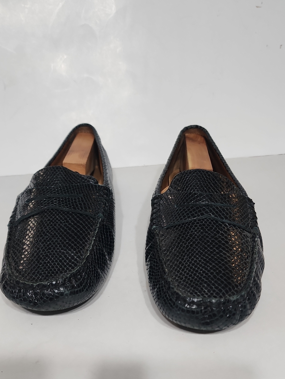 Lauren Ralph Lauren Navy Blue Camila Croc-Embossed Leather Penny Loafers Sz 11B - Picture 2 of 12